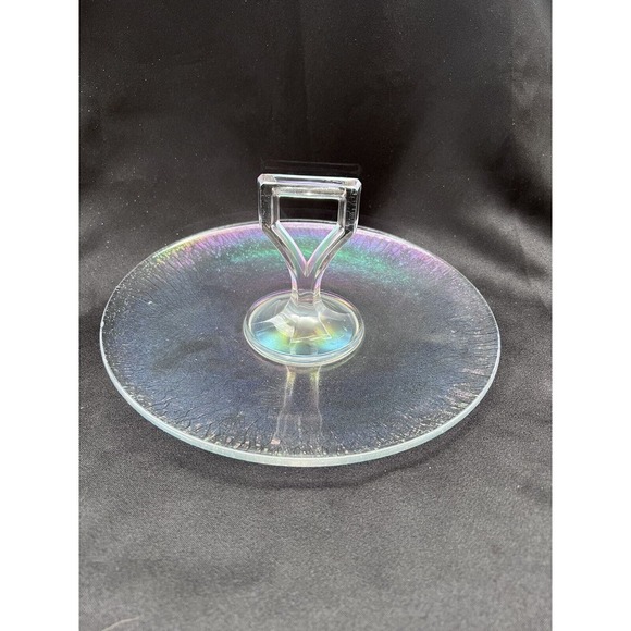Vintage Clear Iridescent Depression Glass Center Handled Tid Bit Tray - Picture 7 of 14